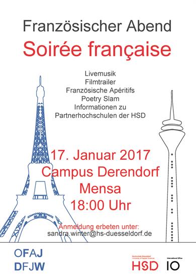 Poster of the French Evening on January 17, 2017. On the left: the silhouette of the Eifel Tower in blue, on the right, the Silhouette of the Rhine Tower in red.